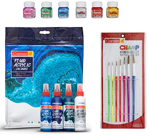Image of Camel Camlin Kokuyo Fabrica Acrylic Pearl Color - 10ml Each, 6 Shades & Camel Fluid Acrylic Kit - Aqua Series & Camlin Champ Round Brush Set - Pack of 7