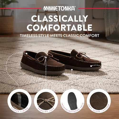 Image of Minnetonka Plaid Lined Hardsole - Moccasin Slippers for Men Made with Suede Upper, Rubber Sole, Plush Interior, Fleece Lining, Rawhide Lace, and Traditional Moccasin Design