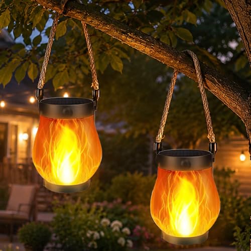 SKJJM Flammen-Solarlaterne 2 Stück Solar Laternen für Draußen mit Realistische Flammeneffekte 1500 mAh 2-in-1 Solarladung und USB Wiederaufladbar IP65 Wasserdicht Solarlaterne für Außen Hof Balkon