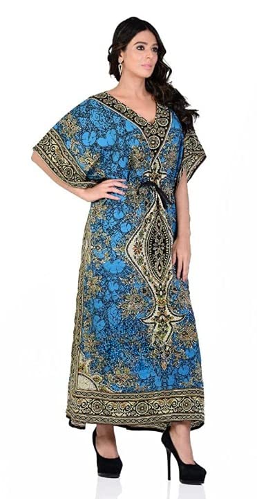 Maxi Kimono Kaftan Tunic Teal Blue Lounge Dresses Suiting Teens to Adult in Regular to Plus Size, One Size-Large