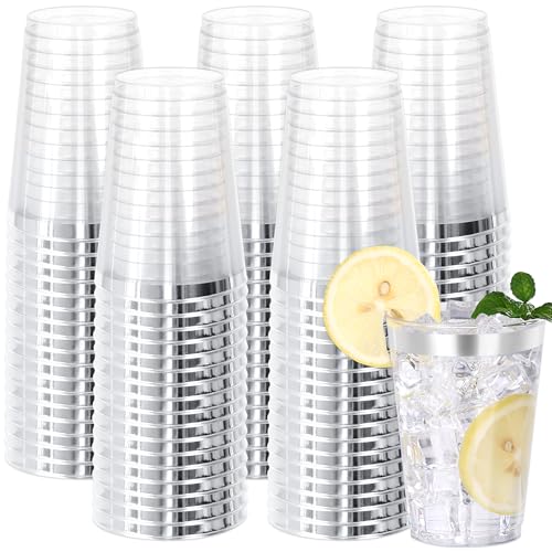 Image of 100 Pcs Silver Plastic Cups,12oz Silver Rimmed Plastic Cups,Heavy Duty Disposable Plastiic Wine Glasses Cocktail Glasses Premium Cup with Silver Rim for Party,Wedding,Christmas
