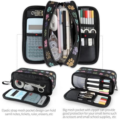 Image of Fustylead Colorful Doodle Cute Paw Print Large Pencil Bag Storage Pen Case Makeup Pouch Stationery Bag for School College Office Organizer
