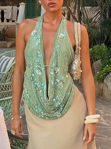 Women Y2k Sequin Tank Top Sparkly Low Cut Cami Top Pearl Sleeveless Crop Top Rhinestone Floral Camisole2