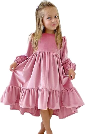 Winter Long Sleeve Christmas Velvet Dress Girls A-line Tiered Tunic Ruffle Swing Midi Dress