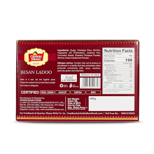 Image of Chokhi Dhani Besan Ladoo 400g x 2 | Traditional Indian Sweet Mithai | Besan Laddu with Almond & Cashew | Ready to Eat Festive Dessert for Holi, Pooja & Gifting