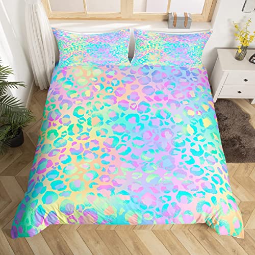 Girls Colorful Leopard Duvet Cover Safari Cheetah Bedding Set Modern Leopard Design Comforter Cover Boys Girls Kids Room Decor Bedspread Cover with 1 Pillowcases 2Pcs Bedding Single Boys