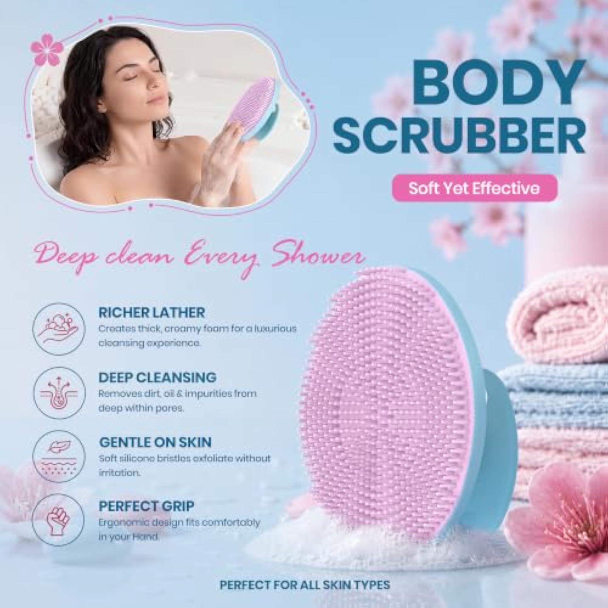 Back Scrubber for Bathing, Silicone Body Scrubber Combo Kit