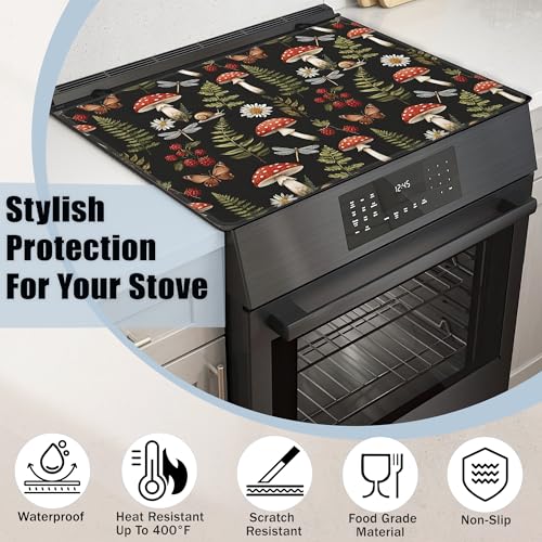 Image of Stove Top Covers for Electric Stove,Red Mushroom Flat Top Stove Cover,Green Herb Butterfly Heat Resistant Glass Top Stove Cover Protector Anti-Slip Range Covers, 28 x 20 Inch