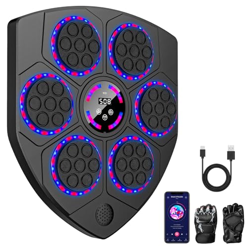 Music Boxing Machine, Musik Boxmaschine mit Boxhandschuhen, LED Licht, 9 Geschwindigkeiten, 9 Trainingsmodi, Automatische Zählung, Unterstützt Bluetooth, Wandmontiertes Boxziel für Erwachsene Kinder