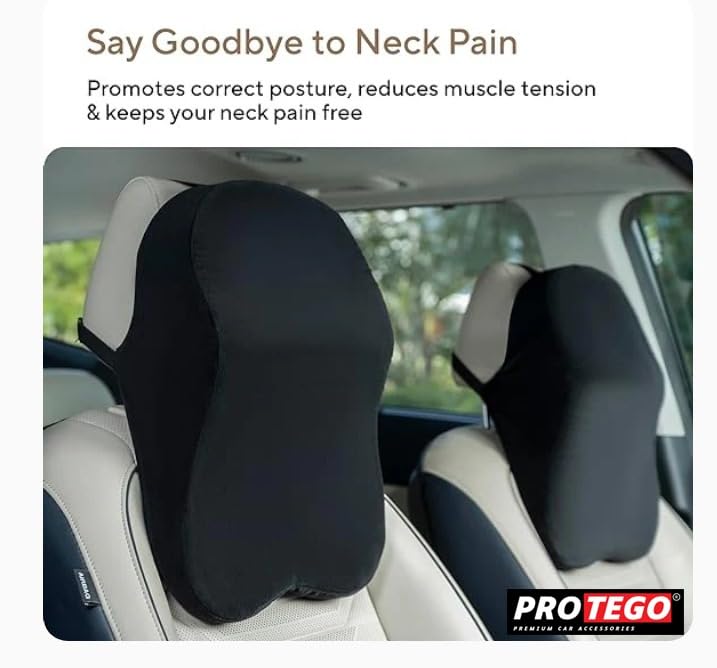 PROTEGO Universal Memory Foam Car Neck Rest Pillow with Washable Velvet Cover | Relieves Neck Pain | Ergonomic Support Orthopedic Cushion Ultra Soft| for All Hatchback SUV Sedan Cars |Black (Large)