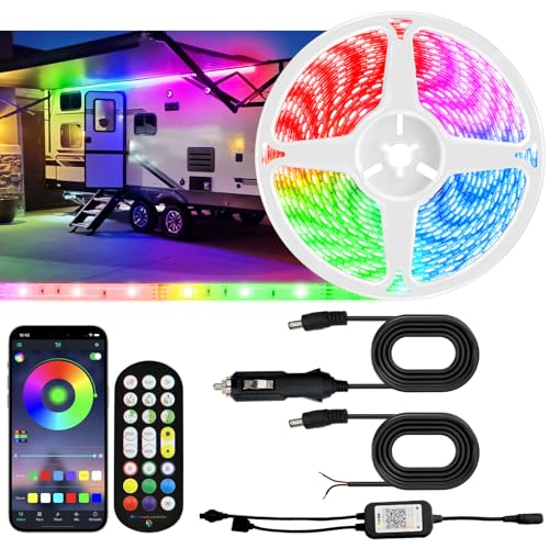 16.4FT RV Awning Lights, 12V Camper LED Light Strip with Remote and APP Control, Waterproof RV Exterior Strip Lights for Canopy Motorhome Travel Trailer Camping BBQ Kitchen (1PC-16.4FT New)