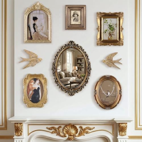 Wonderjune 8 Pcs Vintage Picture Frames with Gold Mirror Bird
