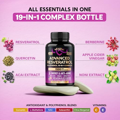 resveratrol supplement - 19-in-1 organic polyphenol complex - noni extract  berberine  quercetin  apple cider vinegar  acai - made in usa - antioxidant amp heart health support