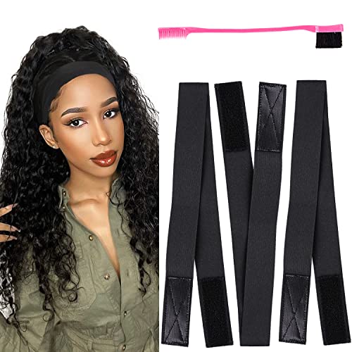 AliLeader Wig with Velcro 3.5cm Width Elastic Edge Band for Laying Down Wigs Wig Melt Band for Edges with Velcro Elastic Edge Laying Band (3pcs Melt Band+1Pcs Hair Edges Brushes) Black