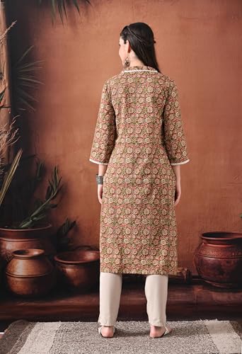 Image of Ichaa Women's Pure Cotton A-Line Ethnic V-Neck Kurta with 3 /4th Sleeve for Daily and Office Wear, in Plus Sizes
