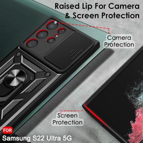 Image of TheGiftKart Tough Armor Bumper Back Cover Case for Samsung Galaxy S22 Ultra 5G | Kickstand & Ring Holder | 360 Protection Cover Case for Samsung S22 Ultra 5G (PC & TPU, Sliding Camera Cover, Black)