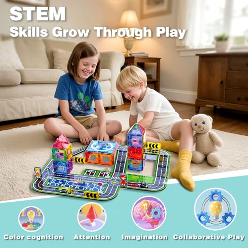 121PCS Magnetic Tiles Road Set with Pullback Cars. Magnet Tiles for Building Construction Toys with Ship, Airplane, Traffic Sign, STEM Magnetic Tiles for Kids Ages 4-8, Educational Gifts for Ages 3+ - Thumbnail 6