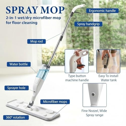 Image of Spray Mop for Floor Cleaning, Wet & Dry Flat Mop with Washable Microfiber Pad, 400ml Refillable Bottle for Hardwood, Marble, Tile Cleaning (Home Cleaning) White