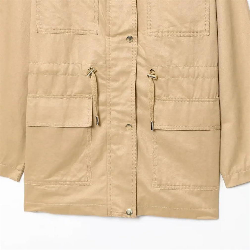 Women's Fall Hooded Trench Coat Retro Long Sleeve Waist Pocket Decoration Casual Jacket