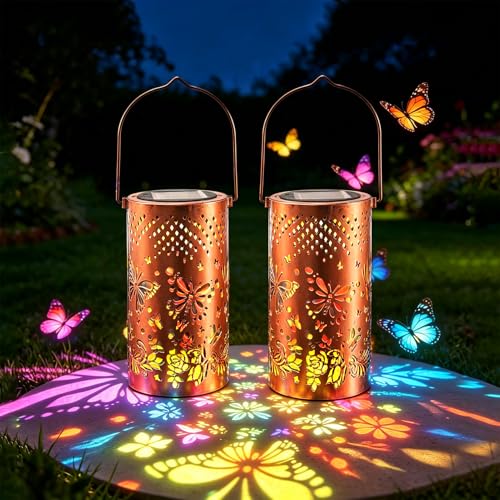 Lot de 2 lanternes solaires pour l'extérieur - Papillon coloré - Lampe solaire en métal - Décoration de jardin pour balcon, cour, terrasse, cadeau pour...