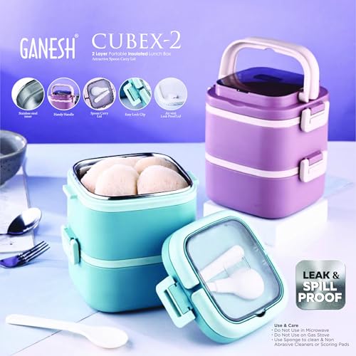 Image of Ganesh 2 Compartment Cubex Insulated Food Container with Attractive Spoon - Airtight Leak-Proof Lunch Box for Office, School, Picnic 760ml- Peach