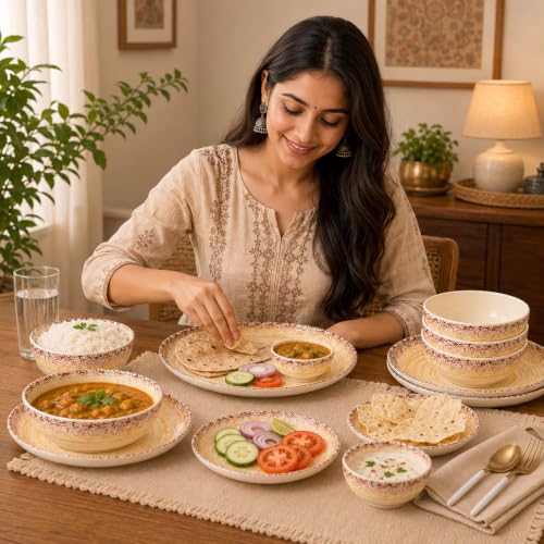 Image of MARKET 99 Cream Spiral Melamine Dinner Set 20 Pieces, Glossy Round Dinnerware with 6 Full Plates, 6 Quarter Plates, 6 Soup Bowls & 2 Serving Bowls, Food Safe & Refrigerator Safe