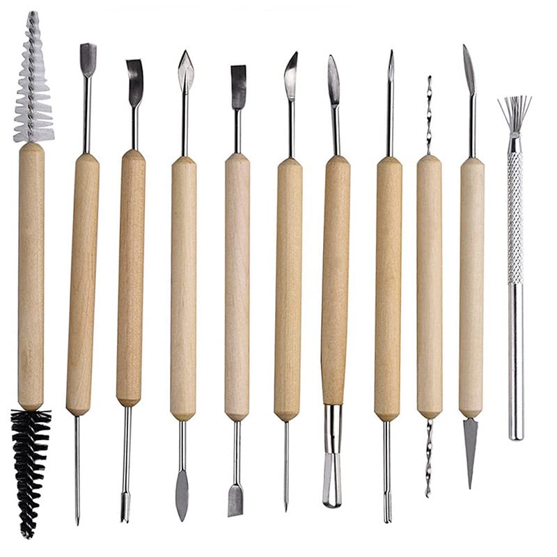 QYINXIU 11PCS Pottery Clay Sculpting Modeling Tool Set, 11-Piece Wooden Handle Clay Pottery Sculpting and Cleaning Tool Set, Double-Sided Ceramic Polymer Clay Carving Tools Kit