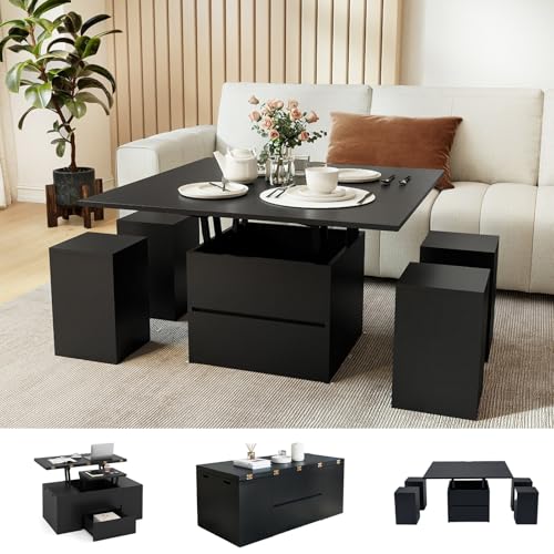 GOPLUS 3 en 1 Table Basse Relevable avec 4 Poufs, Table Basse Salon Extensibles4 Personnes Salle A Manger avec 4 Tabourets&Tiroir (Noir,100x100x62CM)