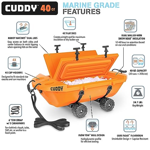 CUDDY Crawler Cooler with Wheels – 40 QT Amphibious Floating Cooler and Dry Storage Vessel – Orange, Navy, Tan, or White