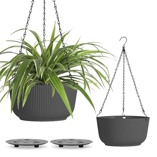 T4U 12 Inch Large Hanging Planters for Outdoor Plants, 2 Pack Self Watering Pots Indoor, Hanging Baskets for Plants,Hanging Flower Pot with Drainage Hole and Plant Hanger, Grey