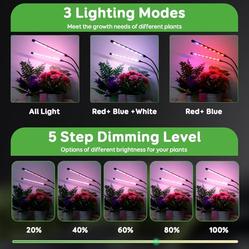 Lampe de Croissance LED 2 Têtes,Lampe pour Plantes à Spectre Complet,Lampe de Plante avec Minuteur,3 Modes de Couleur et 5 Niveaux de Dimming,lampe de culture LED pour Plantes d'Intérieur (Rouge+Bleu) – Image 5