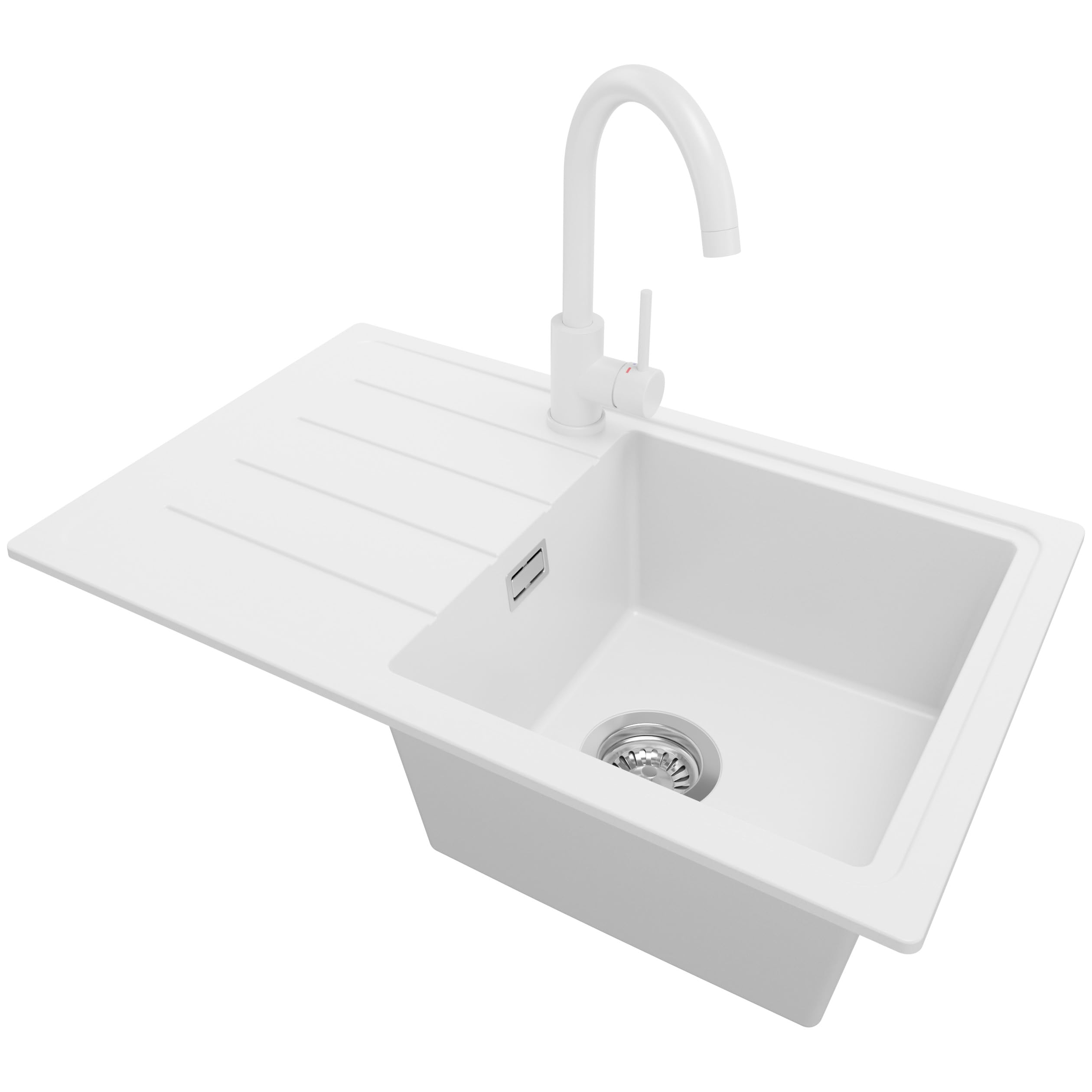 PRIMAGRAN Lavandino da Cucina Bianco 70x44cm, Lavello in Granito a 1 vasca + Rubinetto 32x20cm + Set di accessori, Lavabo da Cucina Incasso al Mobile 45cm - Copenhagen Easy S047