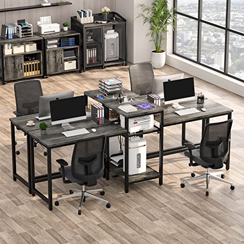 Unikito 2 Person Desk, Double Computer Desk With Power Outlets And Storage Shelves, Modern Computer Desk With Printer Stand, Extra Long Large Workstation For Home Office, Couple Gaming Desk, Black Oak #TOP5