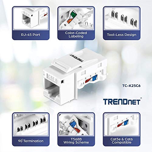 Trendnet Cat6 Keystone Jack, 25-Pack Bundle, 90° Angle Termination, Compatible With Cat5, Cat5E, Cat6 Cabling, Color-Coded Labeling, Gold-Plated Contacts, Tool-Less Design, White, Tc-K25C6 #TOP2