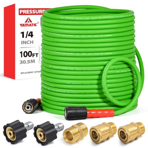 Image of YAMATIC Flexible Pressure Washer Hose 100 FT 1 /4 inch, M22-14mm Females | With 3 /8 inch Quick-Connect Adapters, 3200 PSI Kink-Resistant, Replacement /Extension Hose For Power Washing, Green