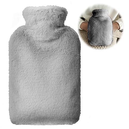 OVOOKER Bolsa de Agua Caliente con Suave Felpa Funda - Botella de Agua Caliente de 2L a Prueba de Derrames con Bolsillo Canguro, Calentadores de Manos para Niños y Adultos, Proporcionar calor, Gris
