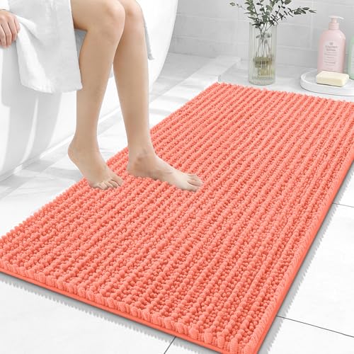 Image of OLANLY Bathroom Rug Mat 44x24, Thick Soft and Absorbent Chenille Bath Mat, Non-Slip Rubber Backing, Machine Washable Quick Dry Bath Rugs for Tub Shower Floor, Home Decor Accessories, Coral