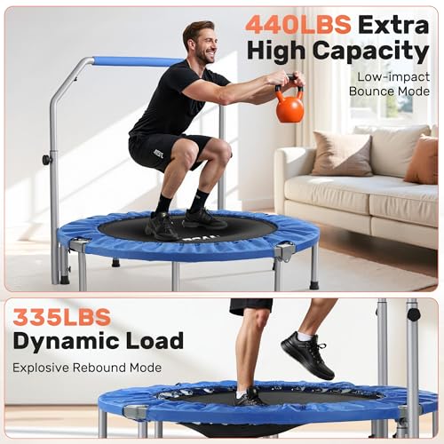 BCAN 40/48" Foldable Mini Trampoline Max Load 330lbs/440lbs, Fitness Rebounder with Adjustable Foam Handle, Exercise Trampoline for Adults Indoor/Garden Workout