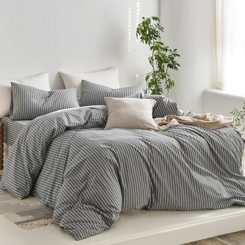 Image of MooMee Striped Duvet Cover Set 100% Washed Cotton Linen Like | Relaxed Linen-like Texture. Soft, Breathable & Long-lasting Comfort. Lightweight. Hidden Zipper with 8 Interior Corner Ties