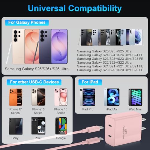 Image of iPhone 17 16 15 Charger Fast Charging, 45W Dual USB C Android Phone Charger Block with 6FT Long Type C Cable Cord for Apple iPhone 17 /Pro /Pro Max /Air /16 /15 Plus /iPad /S26 Ultra /S25 /S24 /S23 /S22(Pink)