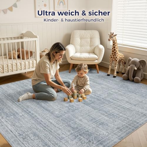 DMOYEST Vintage 150x200 Teppich Wohnzimmer Hellblau Waschbar – Ansicht 6