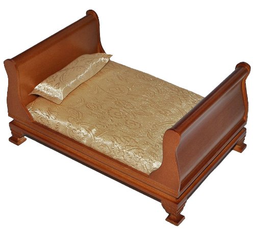 alles-meine.de GmbH Bett/Ehebett aus dunklem Holz - Maßstab 1:12 - Puppenbett Puppe für die Puppenstube Miniatur Puppenhaus - Puppenbett Holzbett Nostalgie