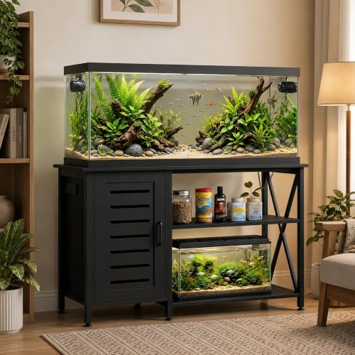 Image of Herture 55-75 Gallon Fish Tank Stand,Aquarium Stand with Cabinet Accessories Storage,Heavy Duty Metal Frame,Aquarium Cabinet with Power Outlets 52 inch L*19.68 inch W Tabletop,1200LBS Capacity,Black PG05YGB