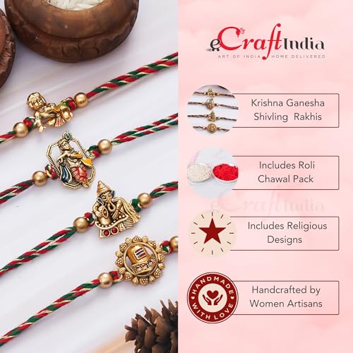 Image of eCraftIndia Set of 4 Golden Laddu Gopal, Lord Krishna Playing Flute, Lord Ganesha, and Shivling Religious Rakhis with Green Red Threads, and Roli Chawal Pack
