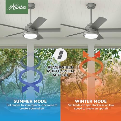 Image of Hunter Fan Company, 52416, 52 inch Seawall Matte Silver WeatherMax Indoor /Outdoor Ceiling Fan with LED Light Kit and Wall Control