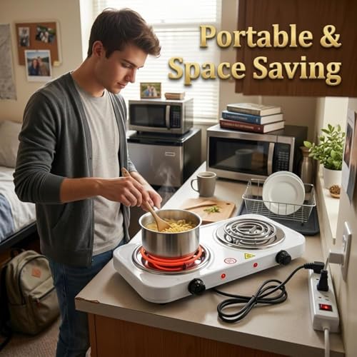 Image of Electric Double Burner Coil Cooktop Portable Countertop Cooking Stove with Dual Heating Plates Temperature Control for Home Kitchen Dorm Office Camping and Travel Use 1PCS
