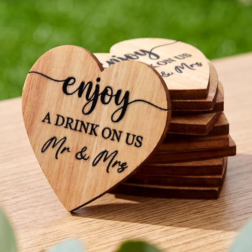 Image of Marsui 100 Pcs Wooden Drink Tokens Bulk for Wedding Personalised Drink Tickets Poker Chips for Guest Wedding Favours Beverage Birthday Parties Bar Table Decoration Supplies (Heart Shape)
