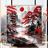 SVBright Japanese Red Shower Curtain， Anime Asian Tree Cherry Blossom Black Chinese River，Mountain Landscape Ink Painting 12 Pack Hooks Polyester Waterproof Fabric Bathroom Bathtub Panels 72Wx72L Inch