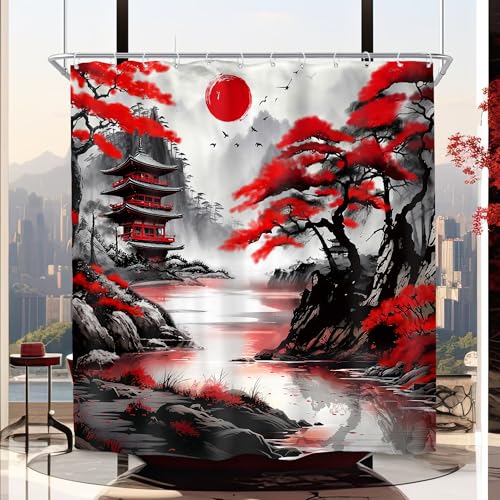 SVBright Japanese Red Shower Curtain Anime Asian Tree Cherry Blossom Black Chinese RiverMountain Landscape Ink Painting 12 Pack Hooks Polyester Waterproof Fabric Bathroom Bathtub Panels 72Wx72L Inch