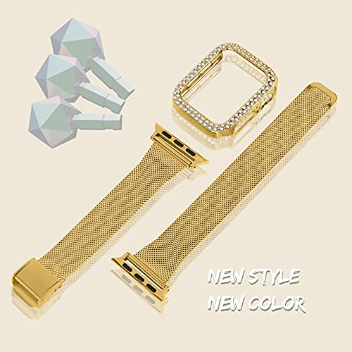 Joyozy Stainless Steel Mesh Bands Compatible For Apple Watch 40Mm, Women Bling Protective Crystal Diamond Case With Loop Mesh Strap For Apple Watch Series 6/5/4/Se (No Tool Needed) (Yellow Gold, 40Mm) #TOP2